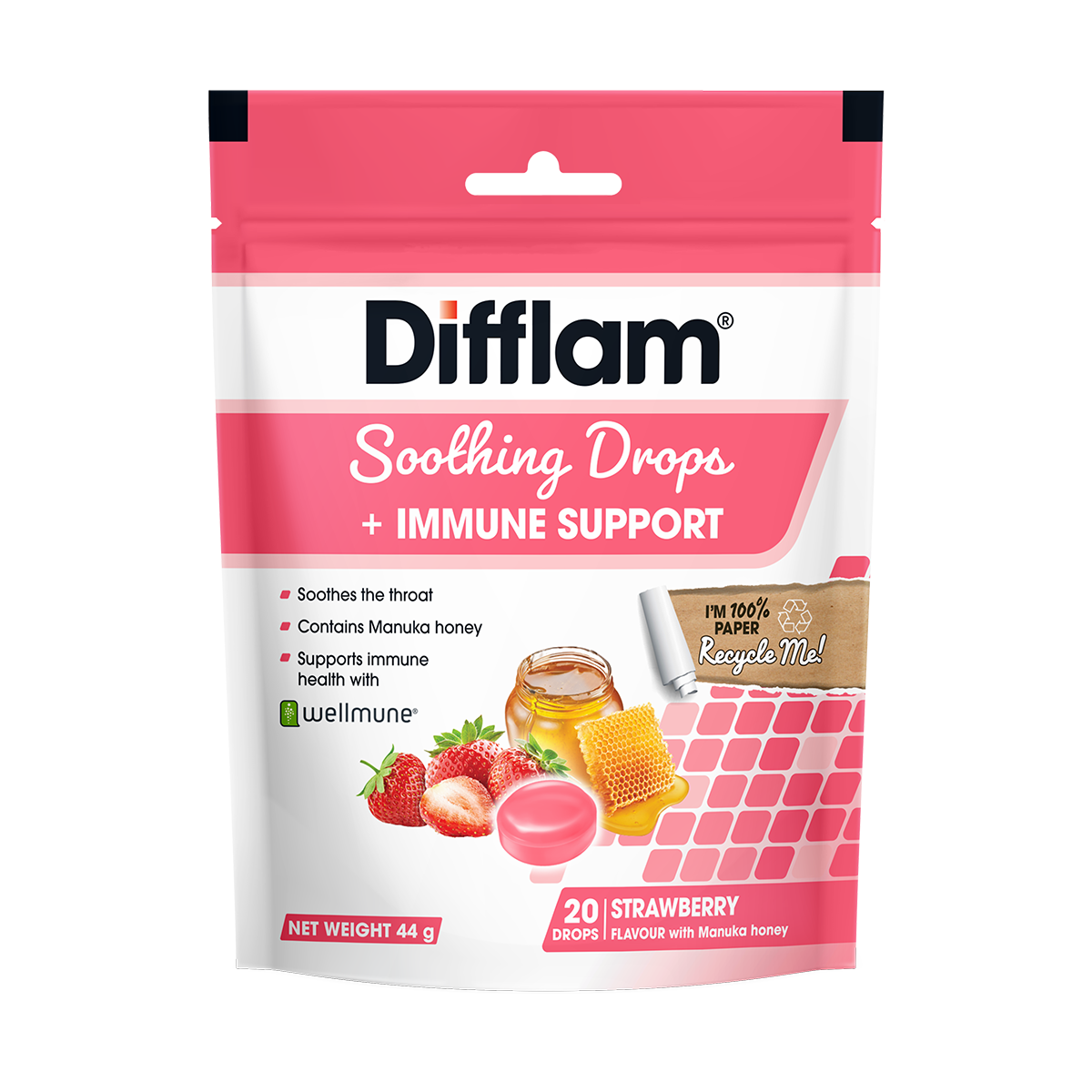 Difflam Soothing Drops + Immune Support Strawberry 20 Pack