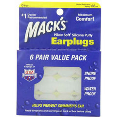 Macks silicone ear plugs 6 pair value pack with noise reduction of 22 dB for maximum comfort and swimmer's ear protection.
