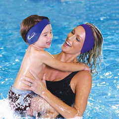 Mom and child enjoying swimming with Macks swimming ear band for ear protection.