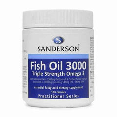Sanderson Triple Strength Fish Oil 3000 supplement in a 150 capsule container featuring Omega-3 benefits.