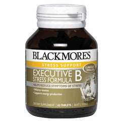Blackmores Executive B Stress Relief dietary supplement bottle with 62 tablets for stress support and tension relief.