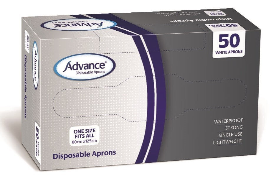 Advance® Aprons in a Dispenser Box 0.03mm thickness,dispenser box,issues,Lightweight and comfortable,low density polyethylene,One size fits all,protection,superior strength,waterproof and lightweight,waterproof polyethylene,White colour