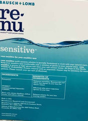 Bausch+Lomb Renu Sensitive contact lens solution duo pack display with ingredients and benefits.