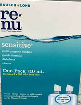 Bausch+Lomb Renu Sensitive contact lens solution duo pack 710 ml with easy-open cap and lens case.