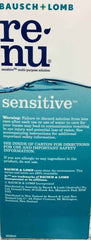Bausch+Lomb Renu Sensitive contact lens solution bottle with safety instructions and warnings.