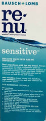 Bausch+Lomb Renu Sensitive contact lens solution packaging with instructions for sensitive eyes, 710 ml duo pack.