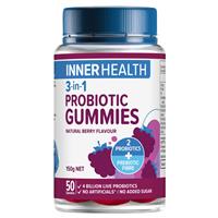 Inner Health probiotic gummies bottle with natural berry flavour, 50 pack of 3-in-1 gummies for gut health.