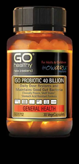 Go Healthy Probiotic 40 Billion bottle for gut health with 30 vege capsules and detailed benefits on label.