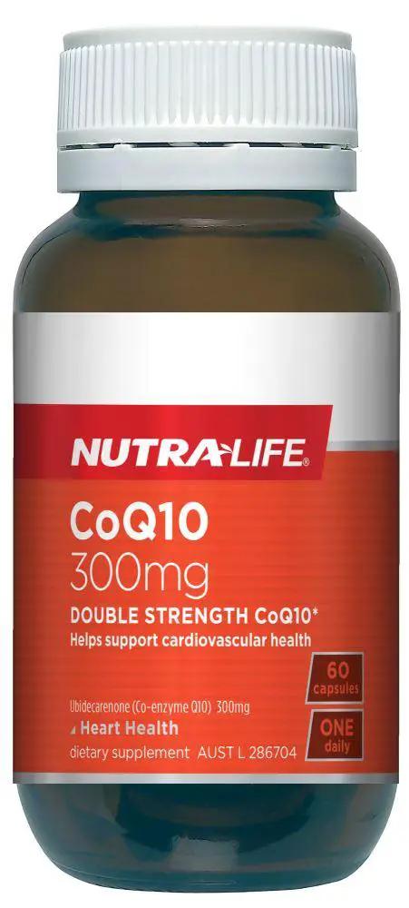 Nutralife CoQ10 heart health capsules in a bottle, 300mg, 60 capsules for cardiovascular health and energy support.