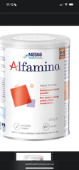 ALFAMINO infant formula powder 0-12 months 400 gm can with nutrition info and allergy details.