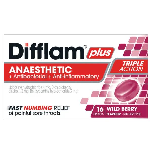 Difflam Plus Anaesthetic + Antibacterial + Anti-inflammatory lozenges Wild Berry 16 lozenges difflam plus,google,issues,sore throat,sore throat lozenges