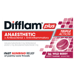 Difflam Plus Anaesthetic + Antibacterial + Anti-inflammatory lozenges Wild Berry 16 lozenges difflam plus,google,issues,sore throat,sore throat lozenges