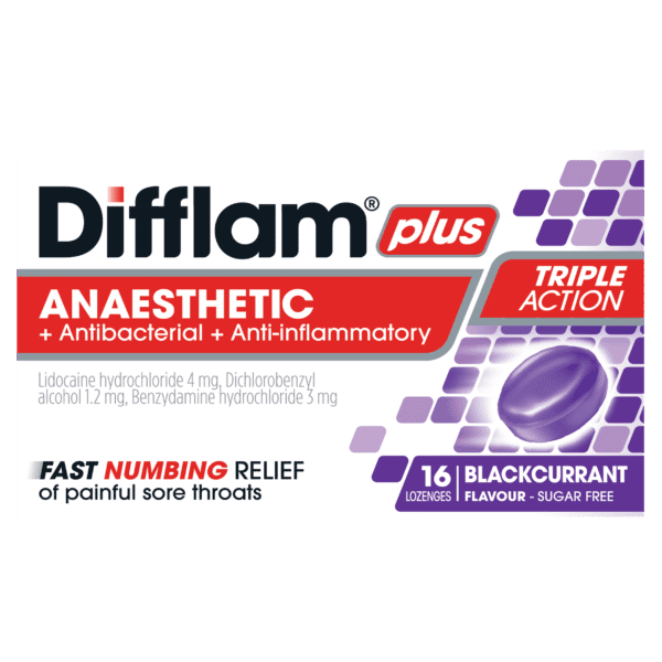 Difflam Plus Anaesthetic + Antibacterial + Anti-inflammatory lozenges Blackcurrant 16 difflam plus,issues,sore throat lozenges