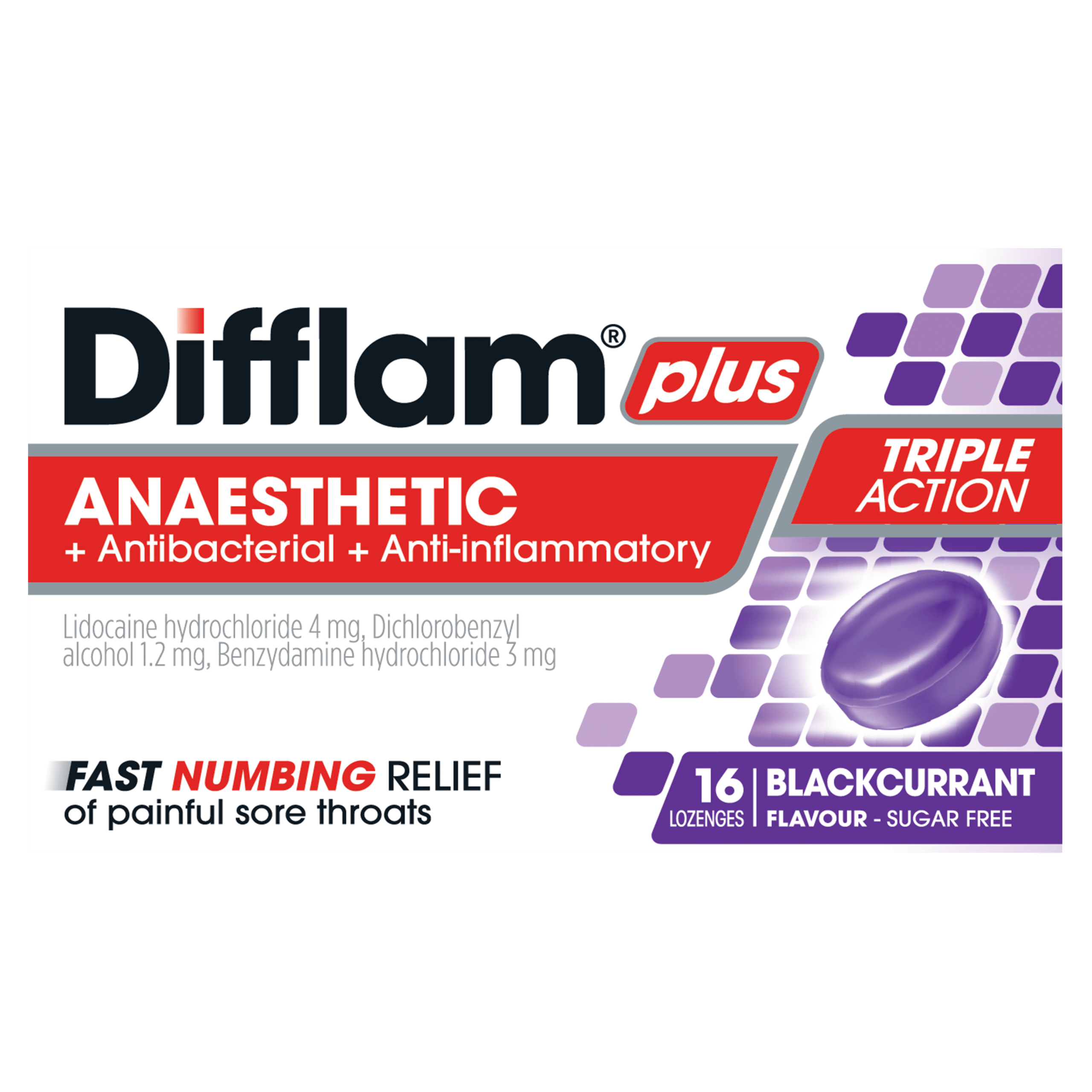 Difflam Plus Triple Action Lozenges Blackcurrant 32 Pack