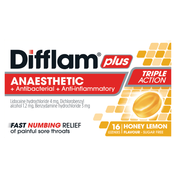 Difflam Plus Lozenges - Anaesthetic, Antibacterial, and Anti-inflammatory Honey Lemon Flavor anti-inflammatory lozenges,antibacterial lozenges,Difflam Plus Lozenges,honey lemon flavor,optimized,throat lozenges
