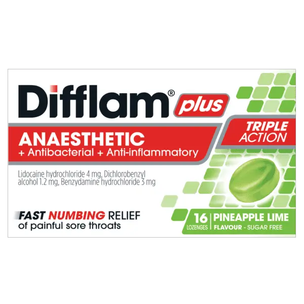 Difflam Plus Anaesthetic + Antibacterial + Anti-inflammatory lozenges Pineapple & Lime 16 difflam plus,issues,sore throat,sore throat lozenges