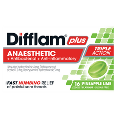 Difflam Plus Anaesthetic + Antibacterial + Anti-inflammatory lozenges Pineapple & Lime 16 difflam plus,issues,sore throat,sore throat lozenges