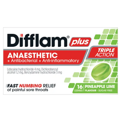 Difflam Plus Anaesthetic + Antibacterial + Anti-inflammatory lozenges Pineapple & Lime 16 difflam plus,issues,sore throat,sore throat lozenges
