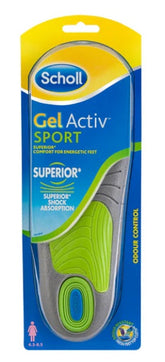 Scholl Gel Activ Sport Insoles Women Ergonomic,Freshfeet Top Cloth,help reduce impact on heels,issues,Keeps feet feeling cool and dry,lightweight design,odour resistant technology,Superior Shock Absorption
