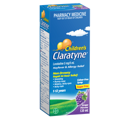 Claratyne children's syrup 120ml box featuring grape flavour and allergy relief information.