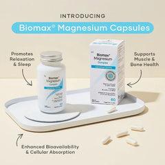 Biomax magnesium citrate capsules 250mg in a bottle with a package highlighting muscle and bone health benefits.