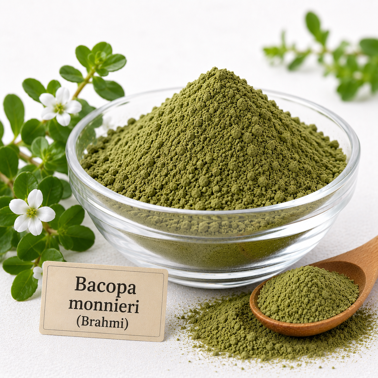 Radico Organic Brahmi Leaf Powder beside the Bacopa monnieri plant