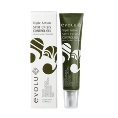 Evolu Triple Action Spot Crisis Control Gel 15 ml tube beside white box, clean/reduce/soothe blemishes