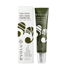 Evolu Triple Action Spot Crisis Control Gel 15 ml tube beside white box, clean/reduce/soothe blemishes