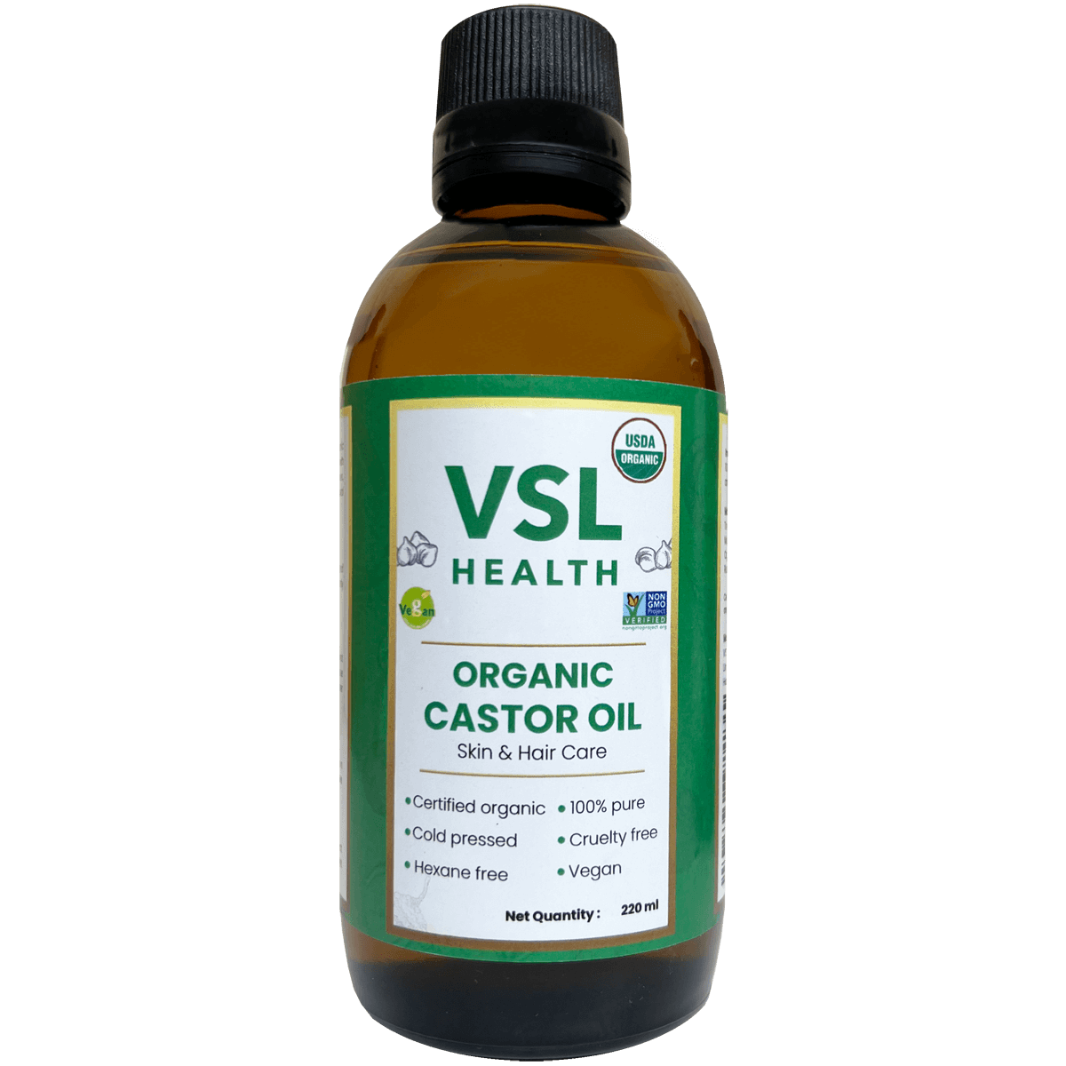 VSL- Castor Oil 220ml & 520ml 100% pure,Castor Oil,Certified organic,Cold pressed,Cruelty free,Glass bottle,Hexane free,issues,Non- GMO