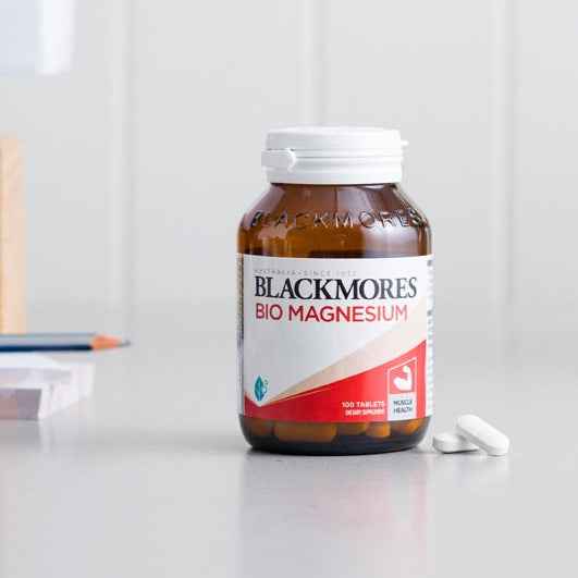 Blackmores magnesium tablets bottle for optimal muscle and nerve function, featuring 100 tablets.