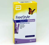 Abbott ketone test strips packaging showing FreeStyle Optium β-Ketone test strips for blood ketone monitoring.