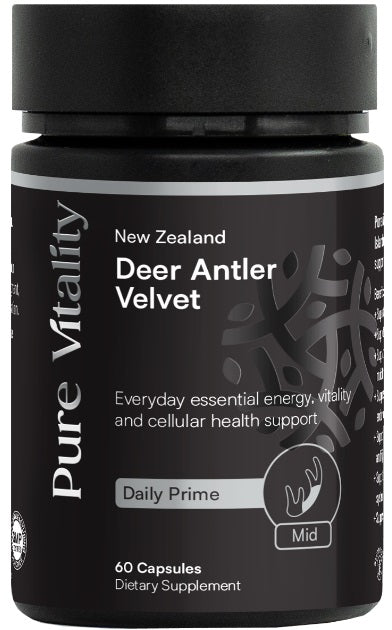 Pure Vitality Velvet Daily Prime 60C 250mg Brain and immune system support,Cellular health,energy,issues,Joint health and mobility support,Muscular recovery,Strength and endurance support,Stress support,Vitality and wellbeing support