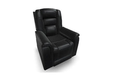 Theorem dual motor recliner with headrest and lumbar support in sleek black leather design.