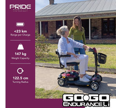 Pride Go Go Endurance Li - Scooters 17”x17” mesh back seat or 20”x18” compact,48.25” turning radius,angle adjustable armrests,CTS (Comfort-Trac Suspension),Endurance Li - Scooters,Feather-touch disassembly:,Flip-up,foldable seat,Go Go Endurance Li - Scoot