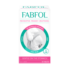 FABFOL tablets for pregnancy packaging featuring essential vitamins and minerals for expecting mothers, 56 tablets.
