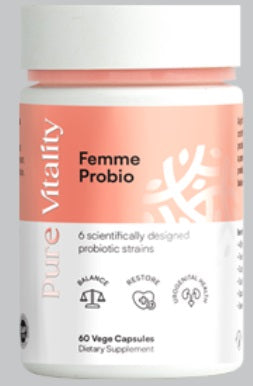 Pure Vitality Femme Probio 250mg 60VC 40B probiotics,adult probiotics,anti-aging,bone strength,energy levels energy and vitality,fertility,Flora balance,good bacteria,gut health,healthy fertility,healthy hormonal balance,healthy immune system,healthy mood