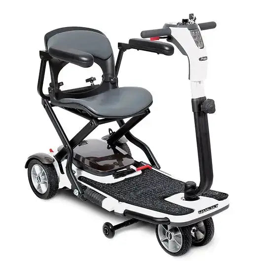 Pride Quest S19 Foldable Travel Scooter 4 Wheel Foldable Travel Scooter,Active lifestyle,Comfortable ride,Compact,Easy to operate,Effortless,Foldable,Foldable Travel Scooter,High stability,Indoors,issues,Lithium-ion battery,Maximum speed (6 km/h),Portable