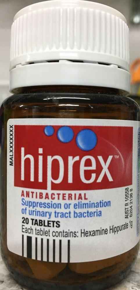 Hiprex Tablets for UTIs - Antibacterial for urinary tract infections in a brown bottle.