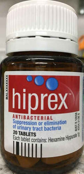 Hiprex Tablets for UTIs - Antibacterial for urinary tract infections in a brown bottle.