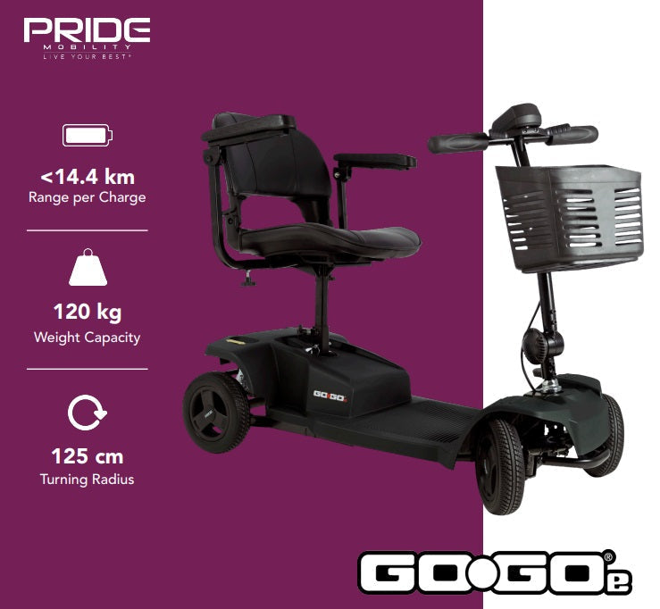 Pride GoGo-E Mobility Scooter 4-wheel design,Affordability,Affordable,City streets,Comfortable seat,Compact,Convenience,Cost-effective,Easy maneuver ability,Front basket,GoGo-E Mobility Scooter,Intuitive steering,issues,mobility scooter,mobility scooter a