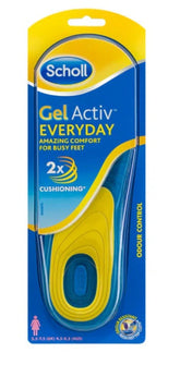 Scholl Gel Activ Everyday Insoles Women 2x double cushioning,Freshfeet Top Cloth,improved shoe comfort,issues,Keeps feet feeling cool and dry,odour resistant technology,reduce the excessive pressur,Slim design,use in casual shoes