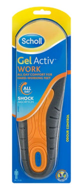 Scholl Gel Activ Work Insoles Men 12 hours shock absorption,alleviate pressure,Freshfeet Top Cloth,issues,Keeps feet feeling cool and dry,Legs and feet feel less tired,odour resistant technology