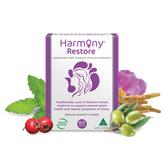 Harmony Restore 60 Tablets A natural multi-herb formula,Harmony Restore,Holy Basil relieves exhaustion and improves sleep,issues,Nourishes the skin,Olive Fruit,Peony relieves muscle aches and sweating,Reduces exhaustion and stress,remifemin