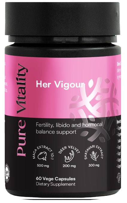 Pure Vitality Her Vigour 700mg 60VC anti-aging,bone strength,energy and vitality,energy levels,energy levels energy and vitality,fertility,healthy fertility,healthy hormonal balance,healthy immune system,healthy mood,healthy stress levels,high strength,Hi
