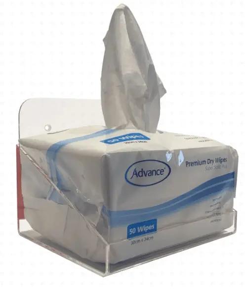 Advance® Dry Wipes Holder acrylic material,dispense,double sided tape,easy way,hygienic storage,issues,Premium Dry Wipes,screws for easy mounting.,store