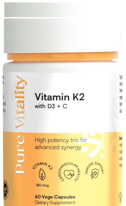 Pure Vitality Vitamin K2+D3+C 430mg 60VC anti-aging,bone strength,Brand,cardiovascular health,D3 bioavailability,energy levels energy and vitality,fertility,healthy bones and teeth,healthy fertility,healthy hormonal balance,healthy immune system,healthy m