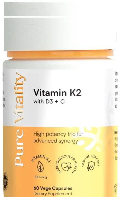 Pure Vitality Vitamin K2+D3+C 430mg 60VC anti-aging,bone strength,Brand,cardiovascular health,D3 bioavailability,energy levels energy and vitality,fertility,healthy bones and teeth,healthy fertility,healthy hormonal balance,healthy immune system,healthy m