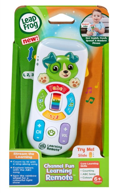 Leapfrog Channel Fun Learning Remote foreign movies channel,hear over 100 phrases,issues,Learning Remote,letters through pretend TV shows,play remote controller