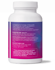 MegaMarine gut-specific fish oil bottle showing full-spectrum omega-3 fatty acids and health benefits.