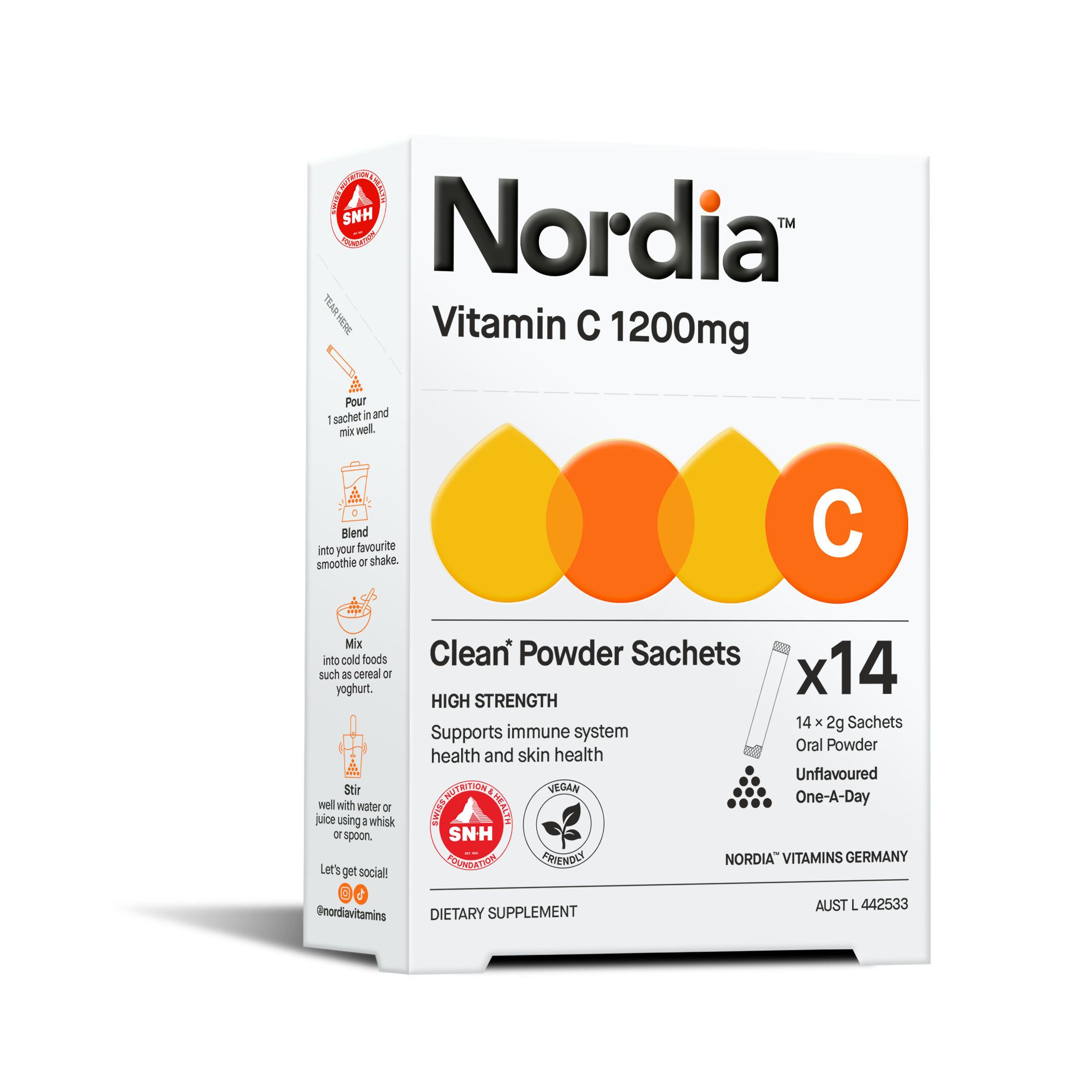 Nordia Vitamin C 1200mg Immune Support Dietary Supplement 14 Sachets Supports Skin and Connective Tissue Health